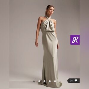 Bridesmaid satin ruched halter neck maxi dress in sage green